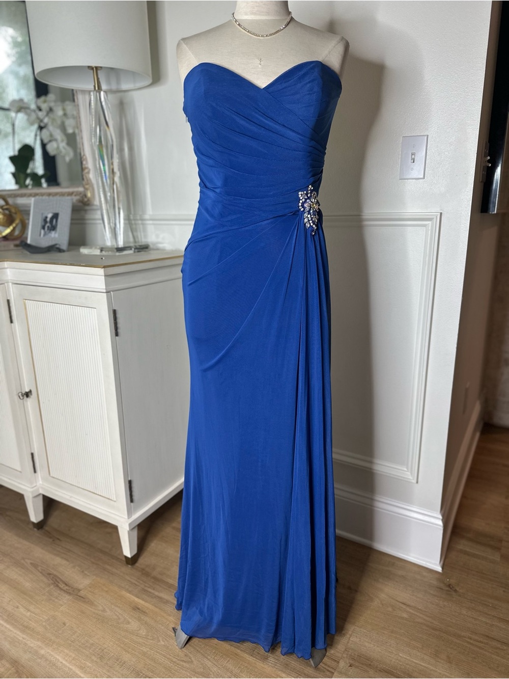 Alyce Paris Strapless Sapphire Blue Evening Gown with Side Jewel Detail